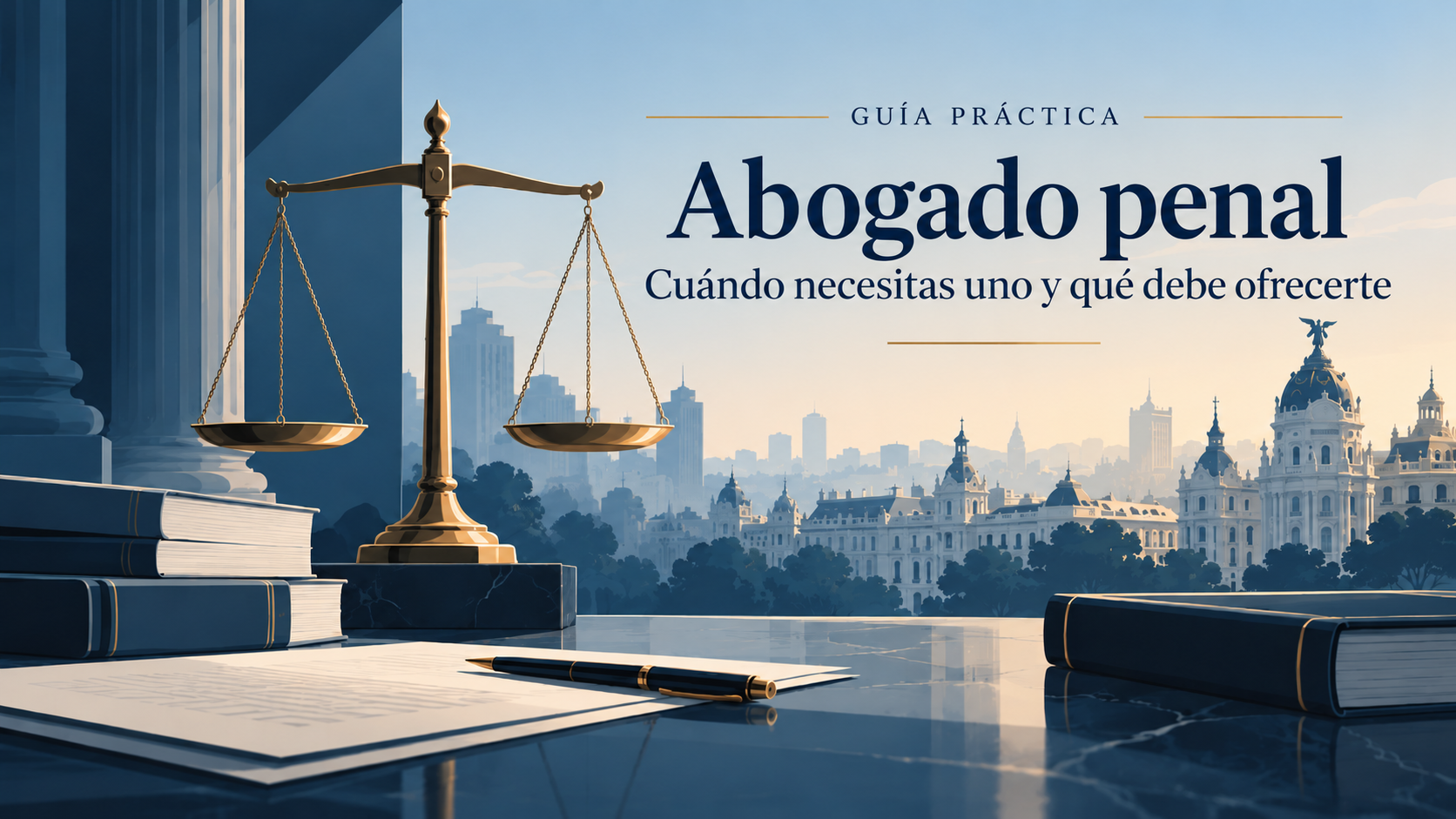Ilustración sobre abogado penal y defensa jurídica con balanza de justicia y Madrid de fondo